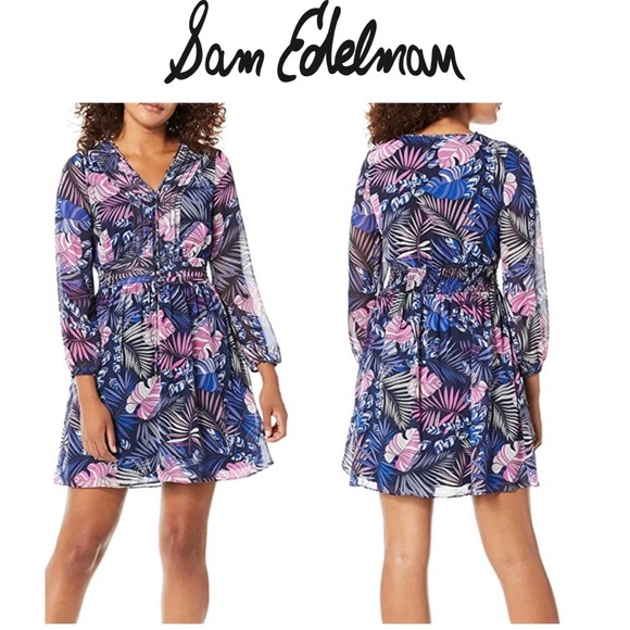 Sam Edelman Dresses & Skirts - SAM EDELMAN Size 8 Tropical Flowy Lined Mini Dress Resort Wear Long Sheer Sleeve
